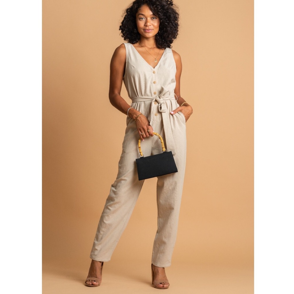 Tan button front jumpsuit